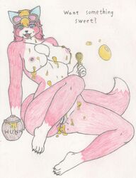 alternate_body_type alternate_breast_size animal_crossing animal_humanoid anthro audie_(animal_crossing) big_breasts breasts canid canine canis colored_pencil_(artwork) eyewear female genitals hair hi_res human humanoid imjim007 mammal mammal_humanoid nintendo nipples open_mouth pussy solo traditional_media_(artwork) video_games wolf