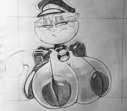 1girls anthro areolae big_breasts breasts cleavage collar elbow_gloves feline female female_only furry gloves half-closed_eyes huge_breasts large_breasts lilly_(vimhomeless) looking_away monochrome skimpy smile solo spiked_collar traditional_media_(artwork) vimhomeless