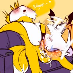 1:1 anthro assertive balls bat bodily_fluids bubble canid canine chiropteran closed_eyes cum cum_bubble cum_in_mouth cum_inside deepthroat dialogue duo english_text fellatio female femdom fox fur furniture furry furry_only genital_fluids genitals goat-head_(artist) hand_on_head heart hi_res male male/female mammal motion_lines multi_tail oral penile penis rouge_the_bat sex sofa sonic_(series) sonic_the_hedgehog_(series) tail tails tails_the_fox text wings