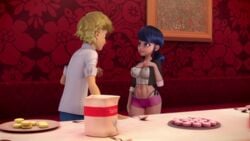 abs adrien_agreste adrienette belly blue_hair breasts edit ferjuasi marinette_cheng marinette_dupain-cheng miraculous_ladybug nipples screenshot screenshot_edit shorts tagme thong translucent_clothing