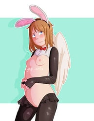 1girls absurd_res alina_(@yagi_arts) angel angel_wings blue_background blue_eyes blush blush bowtie brown_hair bunny_ears legwear nervous nervous_smile reverse_bunnysuit small_breasts soft_shading tummy vagina white_skin yagi_arts