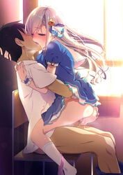 1boy 1girls ass ass_grab blue_eyes braid braided_bangs censored chair clothed_sex cowgirl_position faceless faceless_male female female_on_top flower french_kiss grey_hair hair_flower hair_ornament hisakawa_hayate hug idolmaster idolmaster_cinderella_girls idolmaster_cinderella_girls_starlight_stage kissing kissing_while_penetrated light-skinned_female long_hair mosaic_censoring natsumi_akira panties panties_around_one_leg penis pink_panties pussy_juice sex sitting sitting_on_person skirt skirt_lift straddling straight teenage_girl teenager underwear upright_straddle vaginal_penetration window