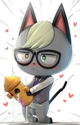 1boy 2020 animal_crossing anthro balls blonde_hair blush bottomless cat_ears cat_tail cum cum_inside drool drooling feline furry glasses green_eyes gyroid heart male male_only nintendo penis raymond_(animal_crossing) sinensian suit tie vest waistcoat yellow_eyes