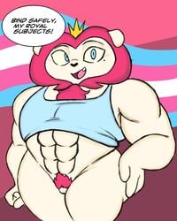 1boy 4:5 abs anthro anthro_only beauty_mark binder bottomless cartoon_network chest_binder clothed clothing crown cuntboy english_text felid filthyopossum genitals hi_res intersex king king_snugglemagne_xxv lgbt_pride_colors lion male_only mammal mao_mao:_heroes_of_pure_heart mtf_transformation muscular pantherine pecs post_surgery pride_colors pubes public_service_announcement royalty sex_change shirt solo tank_top text topwear