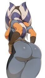 1girls ahsoka_tano alien alien_girl ass back_view bare_breasts bare_shoulders big_ass big_breasts big_butt breasts breasts_out bubble_butt busty butt clone_wars clothed clothed_ass clothing female female_focus female_only fingerless_gloves gloves headwear hi_res hourglass_figure jumpsuit large_breasts orange_skin overalls pinup pose posing rear_view sideboob simple_background skin_tight slugbox solo standing star_wars the_clone_wars:_season_seven togruta toned toned_female white_background wide_hips