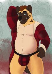 anthro bathrobe belly bottomwear bulge clothed clothing digital_media_(artwork) fur hair hi_res hyena jockstrap looking_at_viewer male mammal overweight overweight_male robe simple_background smile solo spotted_hyena underwear witek witek_(artist)