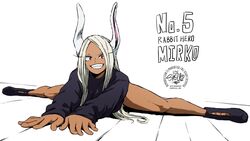 1girls bunny_ears dark-skinned_female dark_skin female female_only miruko muscular_legs my_hero_academia rabbit_ears red_eyes rumi_usagiyama shellmaru smile solo splits stretching uncensored white_hair