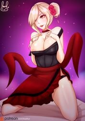 2018 black_panties blonde_hair breasts evelynn female flower_in_hair hair_bun kneeling league_of_legends lewdlux nipple_slip nipples panties riot_games tagme tango_evelynn yellow_eyes