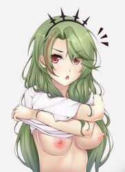 azur_lane blush breasts casual eyebrows_visible_through_hair female green_hair hair_ornament hair_over_one_eye highres littorio_(azur_lane) long_hair medium_breasts multicolored_hair nipples red_eyes short_sleeves simple_background solo streaked_hair viking-dutchboy