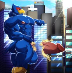 anthro avian balls bastroceive bird bodily_fluids building building_penetration building_sex city cum destruction falco_lombardi genital_fluids genitals hi_res macro magangz male male_only masturbation muscular muscular_male nintendo penis sex skyscraper solo star_fox video_games