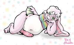 alternate_color anthro bandeau belly chou_chou_(tekandprieda) clothing easter easter_egg floppy_ears freckles furry girly holidays lagomorph leporid lounging male mammal nintendo original_character penis pokémon_(species) pokemon rabbit rainbow shiny_pokemon solo tekandprieda_(artist) thick_thighs topwear video_games wigglytuff