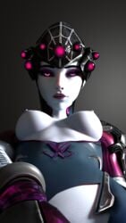 1girls 3d alternate_costume amber_eyes artist_request black_sclera blizzard_entertainment bored close-up dark_blue_hair eyelashes eyeshadow female female_only long_hair looking_at_viewer masturbation overwatch pale_skin ponytail purple_eyes purple_eyeshadow purple_lipstick purple_skin sleepy slim solo solo_female spider_widowmaker tattoo viewed_from_below widowmaker