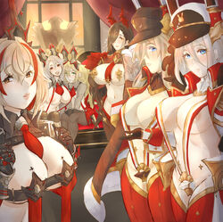 6+girls absurdres admiral_hipper_(azur_lane) animal_ears antenna_hair areolae azur_lane between_breasts bismarck_(azur_lane) black_gloves black_hair blonde_hair blue_eyes breasts brown_eyes covered_nipples eyebrows_visible_through_hair fake_animal_ears friedrich_der_grosse_(azur_lane) gloves green_eyes hair_between_eyes hair_ornament hair_over_one_eye hat headgear highres horn_ornament huge_breasts iron_cross kyuu_(8bitkyuu) large_breasts long_hair looking_at_viewer mechanical_hands mechanical_horns medium_hair meme_attire multicolored_hair multiple_girls necktie necktie_between_breasts prinz_eugen_(azur_lane) red_eyes red_gloves red_hair red_horns revealing_clothes reverse_bunnysuit reverse_outfit roon_(azur_lane) silver_hair sitting small_breasts streaked_hair tirpitz_(azur_lane) very_long_hair white_hair