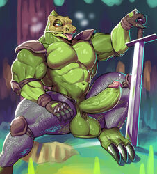 abs anthro balls balthazar_haxter big_biceps big_penis clothed clothing fingerless_gloves genitals gloves green_penis handwear humanoid_genitalia humanoid_penis leggings legwear male male_only mask melee_weapon muscular muscular_male navel partially_clothed penis shoulder_pads sitting solo sword sxfpantera topless weapon