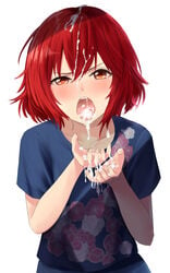 bangs blue_legwear blue_shirt blush bob_cut bukkake commentary cum cum_in_hands cum_in_mouth cum_on_hair facial floral_print furrowed_eyebrows hair_strand hands_on_own_chest highres idolmaster idolmaster_cinderella_girls messy_hair murakami_tomoe red_eyes red_hair shirt short_hair simple_background suiseimc t-shirt upper_body white_background