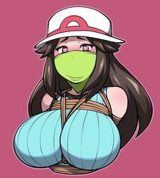 1girls aged_up alternate_breast_size blush bondage breasts clothed eye_contact female female_protagonist femsub gag gagged half-closed_eyes happy_sub heart heart-shaped_pupils human_only jam-orbital leaf_(pokemon) looking_at_viewer nintendo pokemon pokemon_frlg rope solo