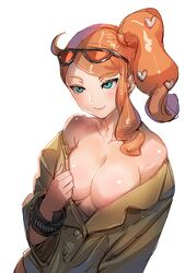 1girls alternate_breast_size aqua_eyes bow_(artist) breasts cleavage coat female female_only ginger green_eyes heart heart_hair_ornament large_breasts light_skin naughty_face nintendo orange_hair pale_skin pokemon pokemon_ss ponytail shiny_skin side_ponytail slim solo sonia_(pokemon) sunglasses sunglasses_on_head white_background