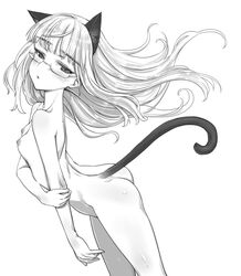 animal_ears aohashi_ame ass blush breasts cat_ears cat_tail collarbone eyebrows_visible_through_hair feet_out_of_frame female glasses greyscale highres long_hair looking_at_viewer looking_to_the_side monochrome nipples nude open_mouth perrine_h_clostermann shiny shiny_hair shiny_skin simple_background small_breasts solo standing strike_witches tail world_witches_series