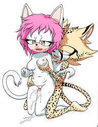 amber_eyes anthro bodily_fluids breast_grab breasts cheetah chest_tuft cum cum_on_ground cum_on_leg dash-the-cheetah dash_the_cheetah domestic_cat duo erection eyelashes fan_character felid feline felis female from_behind_position frottage fur genital_fluids genitals green_eyes hair half-closed_eyes hand_on_breast hand_on_hip hi_res kneeling laure looking_pleasured male mammal narrowed_eyes navel nipples open_mouth penis pink_hair pussy sex slightly_chubby sonic_(series) sonic_the_hedgehog_(series) spots spotted_body spotted_fur straight sweat tattoo thigh_sex tuft