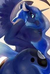 2020 alicorn amethystdust anthro ass breasts cutie_mark equid eyebrows eyelashes friendship_is_magic furry genitals hi_res horn looking_at_viewer mammal my_little_pony nipples nude princess_luna_(mlp) pussy simple_background smile wings