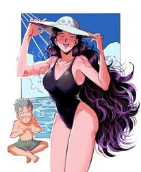 1boy 1girls 2020 adjusting_clothes adjusting_hat alternate_costume armpit_peek armpits ass bare_legs barefoot black_hair black_swimsuit blue_sky blush breasts canon_couple cleavage cloud cloudy_sky collarbone day diamond_is_unbreakable female finger_poking finger_twidling green_hair hat highres human jojo&#039;s_bizarre_adventure koichi_hirose legs_crossed long_hair looking_at_another looking_at_viewer male male_swimwear matching_hair/eyes medium_breasts ocean one-piece_swimsuit oniyama831 open_mouth outdoors pale-skinned_female pale_skin polka_dot purple_eyes purple_hair reliable_guy romantic seductive shirtless short_hair shounen_jump sitting sitting_indian_style sky smile spiked_hair sun_hat sunlight sweat swim_trunks swimsuit swimwear thighs very_long_hair wavy_hair white_headwear wholesome yukako_yamagishi