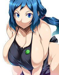 apron big_breasts blue_eyes blue_hair breasts_bigger_than_head female female_only gundam gundam_build_fighters iori_rinko long_hair mature_female milf naked_apron nipples ponytail solo solo_female solo_focus tsukasawa_takamatsu voluptuous