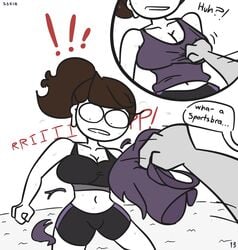 1boy 1girls 2020 airpods big_breasts bimbo booty_shorts breasts brown_hair busty clothing comic dialogue female grey_skin huge_breasts imminent_rape jaiden jaiden_animations jaiden_smut ponytail short_hair simple_background slobbyslapper speech_bubble sports_bra sssir sssir8 sweat text white_background white_skin youtube youtuber