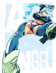 1girls ahoge angel_(kof) big_breasts boots bra breasts chaps collar female female_only fingerless_gloves gloves jacket kemonono king_of_fighters leather_jacket small_panties smile smiling snk strapless_bra white_hair