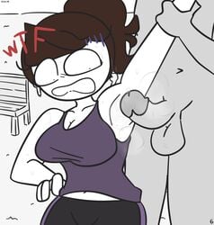 1boy 1girls 2020 airpods armpit armpit_fetish armpits arms_up big_breasts bimbo booty_shorts breasts brown_hair busty comic dialogue female grey_skin huge_breasts imminent_rape imminent_sex jaiden jaiden_animations jaiden_smut penis ponytail short_hair simple_background slobbyslapper sssir sssir8 sweat text white_background white_skin youtube youtuber