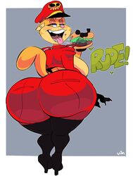 1girls anthro ass big_ass clothed clothing eating english_text feline female female_only food furry hamburger high_heels huge_ass large_ass lilly_(vimhomeless) looking_back open_mouth raised_tail rear_view simple_background solo text vimhomeless