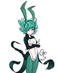 1girls arms_crossed belly belly_button bunny_ears bunnysuit female female_only green_eyes green_hair one-punch_man outwardgalaxy pasties pinup reverse_bunnysuit short_hair small_breasts solo stomach tatsumaki