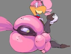 1boy anal anal_insertion anthro ass avian balls beak big_ass big_balls egg femboy furry girly high_heels male male_only mrs._mayhem on_side open_mouth penis pink_body simple_background smile solo testicles trap unfinished vimhomeless