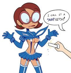 1girls bare_midriff brown_hair chalk chalkzone earring english_text female glasses gloves kamui_(kill_la_kill) kill_la_kill miniskirt miscon offscreen_character open_mouth penny_sanchez senketsu short_hair skimpy skimpy_clothes speech_bubble stockings tagme underboob white_background