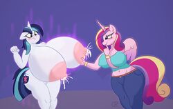 2girls absurd_res alicorn anthro big_breasts blush bodily_fluids breast_milk breasts canon_couple clothing comfyplum cutie_mark duo equid female female/female friendship_is_magic furry genderswap_(mtf) genitals gleaming_shield_(mlp) hi_res horn huge_breasts lactating mammal my_little_pony princess_cadance_(mlp) pussy rule_63 shining_armor_(mlp) unicorn wings yuri