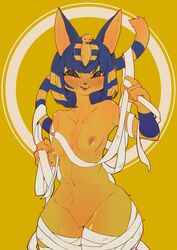 1girls abs animal_crossing ankha anthro ayabemiso egyptian feline female furry half-closed_eyes highres human looking_at_viewer mammal nintendo pubic_hair solo thick_thighs wide_hips