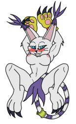 alpha_channel anthro arms_above_head blue_eyes blush breasts cat_ears claws digimon ecn13000 fangs feline female_only gatomon laying_down smiling smirk spread_legs stretching transparent_background white_fur