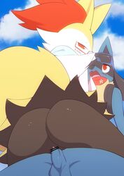 1boy 1girls absurd_res anthro anthrofied ass blush braixen censored duo eyewear female fox furry glasses hi_res interspecies looking_back lucario male nintendo open_mouth original_character penetration penis pokemon pokemon_(species) pokemon_dppt pokemon_xy pussy sex thick_thighs umisag85rabb99 vaginal_penetration video_games wide_hips