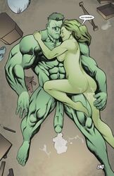 1boy 1girls after_sex ass big_breasts big_penis bodily_fluids breasts comic cousins cum cum_on_ass cum_on_breasts cum_pool cum_puddle dialogue english english_text female green_hair green_skin huge_cock hugging hulk hulk_(series) incest large_penis long_hair lying lying_down lying_on_person male marvel marvel_comics muscles muscular muscular_male nipples nude on_back penis shade_jones she-hulk sideboob speech_bubble straight tall_female text veiny_muscles