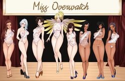 2d 6+girls 8girls age_difference aged_down ana_amari ashe_(overwatch) asian blizzard_entertainment brigitte d.va egyptian female female_only high_heels latina mercy multiple_girls open_toe_shoes overwatch pharah pose ruricchi sombra time_paradox tracer wet_shirt