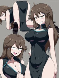 1girls 2019 :> :d abs adapted_costume aged_up all_fours alternate_breast_size alternate_costume alternate_outfit arm_support ass ass_shake bangs bare_arms bare_legs bare_shoulders black_dress black_footwear blush breasts brown_eyes brown_hair china_dress chinese_clothes cleavage cleavage_cutout collarbone dress dress_pull female female_only female_protagonist from_behind green_(pokemon) grey_background grin hand_on_hip high_heels highres human human_only kneepits large_breasts leaf_(pokemon) long_hair looking_at_viewer looking_back matching_hair/eyes motion_lines multiple_views nintendo open_mouth pelvic_curtain pervert pokemon pokemon_(manga) pokemon_adventures pokemon_lgpe pokemon_rgby presenting presenting_breasts presenting_hindquarters pulled_by_another seductive seductive_smile shaking shaking_butt simple_background sleeveless sleeveless_dress slit smile smug solo suzusiigasuki teeth thick_thighs thighs top-down_bottom-up very_long_hair