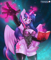 1futa 5_fingers alicorn anthro blush book breasts cleavage cutie_mark equid erection eyelashes feathered_wings feathers fingers friendship_is_magic furry futanari genitals highres holding_book holding_object horn humanoid_genitalia humanoid_penis magic mammal multicolored_hair multicolored_tail my_little_pony onnanoko open_mouth penis purple_eyes solo solo_futa testicles thighhighs twilight_sparkle_(mlp) wings