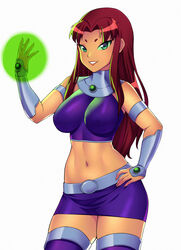 1girls alien_girl big_breasts cartoon_network clothed_female crop_top dc female female_only green_eyes green_sclera koriand'r long_hair looking_at_viewer midriff midriff_baring_shirt navel red_hair skirt smile solo solo_female solo_focus starfire superheroine teen_titans thick_thighs thigh_boots tight_clothing zeshgolden