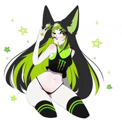 anthro blush female female_only fredek666 furry furry_ears furry_tail green_eyes monster-chan monster_chan monster_energy panties solo thick_thighs thighhighs thong white_skin