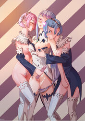 3girls blue_hair breasts dildo emilia_(re:zero) eyes_closed fingering hair_over_one_eye horn ichocolatedonuti maid masturbation medium_breasts multiple_girls nipple_pinch nipples oni pink_hair ram_(re:zero) re:zero_kara_hajimeru_isekai_seikatsu rem_(re:zero) short_hair silver_hair sisters small_breasts vibrator wet whentai yuri