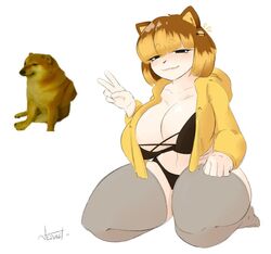 1girls big_breasts cheems dog dog_ears dog_girl humanized large_breasts meme nezulet peace_sign r/dogelore sitting tagme thick_thighs white_background