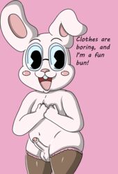 anthro balls buckteeth clothing eyewear genitals girly glasses happy hi_res inksinksoul lagomorph legwear leporid male mammal parsnip_(game) parsnip_bunner penis rabbit solo stockings teeth video_games