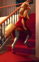 10:16 2020 absurd_res anthro ass breasts canid canine canis clothing dobermann domestic_dog door dress female footwear genitals hi_res high_heels legwear mammal nipples pinscher public pussy shoes smile stairs stockings stoic5