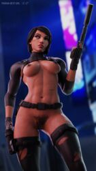 3d abs black_eyes black_hair blender breasts dark-skinned_female dark_skin female female_pubic_hair fingerless_gloves gloves gun handgun high_resolution looking_away medium_breasts muscle muscular_female overwatch pharah pharah-best-girl pubic_hair short_hair suppressor thighhighs weapon