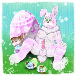 1:1 anthro balls breasts candy chocolate easter easter_balls easter_bunny easter_egg erection food futanari genitals gynomorph hi_res holidays intersex lagomorph leporid mammal nipples nude penis rabbit samuel_pejack solo