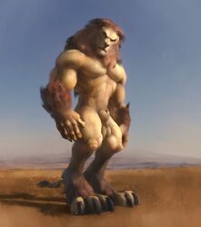 absurd_res animal_genitalia anthro arm_tuft balls big_balls big_sheath elbow_tufts emit felid feline fully_sheathed genitals hairy hi_res lion male male_only mammal mature_male muscular pantherine penis realistic sheath solo tuft